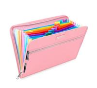 Sac de rangement en accordéon ignifuge et étanche avec 14 poches, format lettre A4, organiseur de documents et étiquettes de couleur/2 fermetures éclair (rose, 36,3 x 24,9 cm)