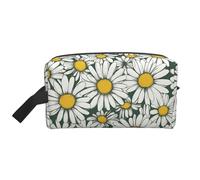 Sac de rangement en cuir de vache marron avec impression artistique - Trousse de maquillage de voyage, trousse de toilette, sac à main portable à fermeture éclair, Marguerite blanche 1, Taille unique