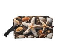 Sac de rangement en cuir de vache marron avec impression artistique - Trousse de maquillage de voyage, trousse de toilette, sac à main portable à fermeture éclair, Étoile de mer et coquillages