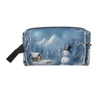 Sac de rangement en cuir de vache marron avec impression artistique - Trousse de maquillage de voyage, trousse de toilette, sac à main portable à fermeture éclair, Bonhomme de neige d'hiver, Taille