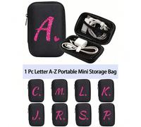 Sac de rangement mini portable avec motif cœur brillant rose rouge, lettre A-Z. Pochette étanche et antichoc avec motif cœur. Sac organisateur de câble de chargeur de téléphone avec logo initial. Boît