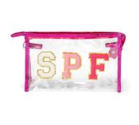 Sac de Rangement pour Maquillage Preppy Patch SPF Varsity Letter Cosmetic Toiletry Bag for Women Aesthetic Waterproof Felt Material Organizer Zipper Clutch Purse(DO-E10120P)