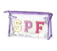 Sac de Rangement pour Maquillage Preppy Patch SPF Varsity Letter Cosmetic Toiletry Bag for Women Aesthetic Waterproof Felt Material Organizer Zipper Clutch Purse(DO-AS0120BP)