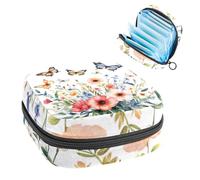 Sac de rangement pour serviettes hygiéniques aquarelles, fleurs sauvages, papillons, herbes et herbes, grande pochette pour tasse menstruelle avec fermeture éclair, sac de rangement pour serviettes