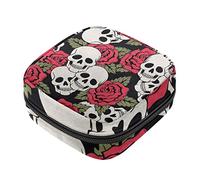 Sac de rangement pour serviettes hygiéniques motif tête de mort et roses avec fermeture éclair pour adolescentes, filles, femmes