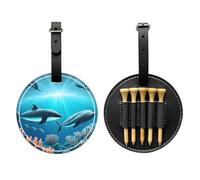 Sac de rangement pour tees de golf en cuir synthétique imprimé sur un seul côté, motif baleines sous la mer, design à 5 points avec clip ceinture de 20 cm.
