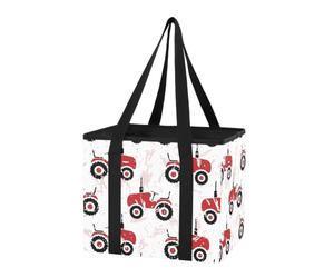 Sac de rangement réutilisable pour coffre de voiture - Motif tracteurs rouges sur blanc - Grand sac fourre-tout pliable avec fond rigide et longues poignées pour voiture, camping, voyage