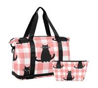 Sac de sport à carreaux et chat noir Sac de gym Sac de week-end Sac de nuit avec trousse de toilette pour le sport Multifonctionnel, Plaid et chat noir, 1 size