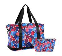 Sac de sport avec motif géométrique rouge et bleu en vitrail, sac de voyage avec trousse de toilette pour entraînement, grande capacité, motif géométrique rouge et bleu vitrail, Motif géométrique