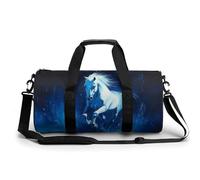 Sac de sport cylindrique avec bandoulière - Motif cheval blanc au galop dans le bleu foncé - Pour homme et femme