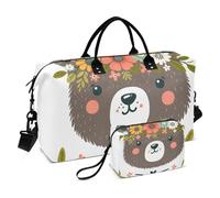 Sac de sport de voyage, illustration dessinée à la main d'un joli visage d'ours dans une couronne de fleurs, sac de gym avec sac de rangement, sac de week-end, sac de nuit pour homme et femme, voyage,