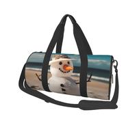 Sac de sport de voyage imprimé bonhomme de neige avec coquillages assis sur une plage de sable avec poche et sangle réglable - Grand sac de sport tendance pour homme et femme - Noir - Taille unique,