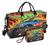 Sac de sport de voyage imprimé sur toute la surface avec petite pochette, rangement facile pour les articles de toilette, monstres camion dinosaure fête d'anniversaire monstres, one size, Rétro