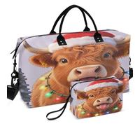 Sac de sport de voyage imprimé sur toute la surface | Pochette de séparation en maille légère pour toutes les saisons - Vache écossaise des Highlands avec lumières de Noël