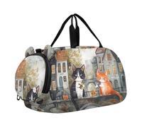 Sac de sport de voyage motif phare de coucher de soleil côtier pour filles, Imprimé pont de chats mignons, Classique