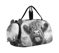 Sac de sport élégant pour garçons avec bouquet d'iris violet et blanc, Langue de vache Highland monochrome, Classique