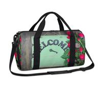 Sac de sport en bois avec panneau de bienvenue - Motif floral et rose - Pour le week-end, la nuit, le voyage, la gym, les enfants, les garçons, les femmes et les hommes