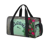 Sac de sport en bois avec panneau de bienvenue - Motif floral et rose - Pour le week-end, la nuit, le voyage, la gym - Pour enfants, filles, garçons, femmes et hommes