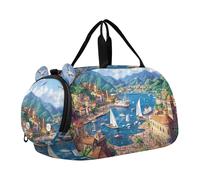 Sac de sport pour fille Motif chouettes mignonnes de Noël pour voyage, week-end, nuit, Ville côtière méditerranéenne pittoresque, Classique