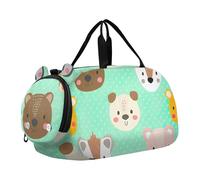 Sac de sport pour garçon avec fleurs blanches et oiseaux bleus, Visages d'animaux mignons vert pastel, Classique