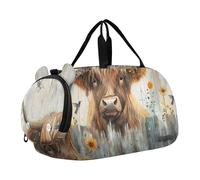 Sac de sport pour garçons - Vache Highland - Lunettes roses - Pour la nuit - Pour filles - Sac de voyage pour enfants, vache rustique des hautes terres tournesols oiseaux, Classique