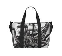Sac de sport pour homme et femme - Sac fourre-tout de voyage en toile - Géraniums rouges - Sac de voyage pour voyage, natation, fitness, entraînement, Pieuvre et bateau noir et blanc, Taille unique