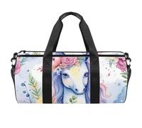Sac de sport rond avec bandoulière amovible - Licorne violette et fleurs - Sac de nuit pour homme et femme, multicolore, Taille unique, Bagage à main