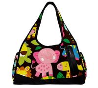 Sac de sport, sac de sport, sac de sport, sac de week-end, sac de nuit, girafe, hippopotame, éléphant, crocodile, dessin animé, Motif 1571, 47x16.5x27cm(18.5x6.5x10.6in)