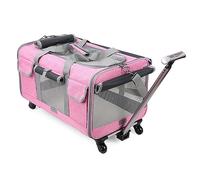 Sac de transport portable avec roulettes, poignée télescopique pour petit chien et chat, design ventilé, base amovible, facile à plier, idéal pour les voyages, la randonnée, le camping (rose)