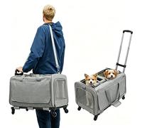 Sac de transport pour animal de compagnie avec deux compartiments et roulettes pour chat/chien, boîte de transport amovible avec poignée télescopique pour 2 chats/chiens, jusqu'à 17,5 kg, sac coucou