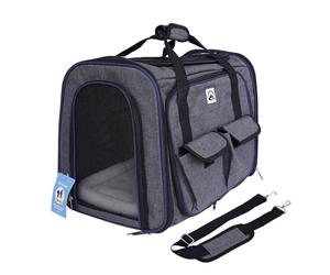 Sac de transport pour chien et chat respirant pour animal de compagnie, transport de voyage avec ventilation, poches latérales, deux portes avec bandoulière pour voiture (gris, 28 x 33 x 42 cm)