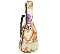 Sac de transport pour guitare acoustique avec deux poches, fleurs violettes autour des chiens Corgi, résistant à l'eau, double bandoulière réglable, Fleurs violettes autour des chiens Corgi,