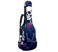 Sac de transport pour guitare acoustique avec deux poches, motif tête de mort avec fleurs, résistant à l'eau, double bandoulière réglable, Crâne cool avec fleurs, 42.9x16.9x4.7 in, Élégant