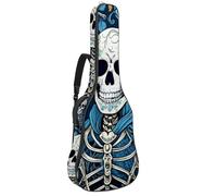 Sac de transport pour guitare acoustique avec double bandoulière réglable, motif tête de mort, fleur bleue artistique, tissu Oxford épais, 104,3 cm, Crâne de fleur bleue, 42.9x16.9x4.7 in, Élégant