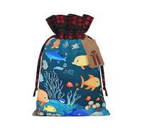 Sac de vacances bleu avec cordon de serrage imprimé monde sous-marin de poisson 21,1 x 30 cm décoration de fête de Noël sac cadeau