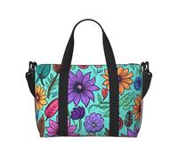 Sac de voyage à bandoulière en forme de chien mignon avec lunettes - Résistant à l'eau - Grande capacité, Fleurs gribouillis colorées, Taille unique