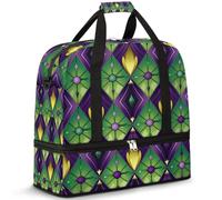 Sac de voyage à carreaux Mardi Gras vert et violet pour homme et femme - Sac de sport pliable avec compartiment à chaussures, multicolore
