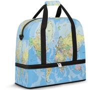 Sac de voyage avec carte du monde politique pour homme et femme, sac de sport, sac de sport pliable, sac de week-end, sac de cabine avec compartiment à chaussures, multicolore