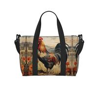 Sac de voyage avec imprimé coq sur bois dans les terres agricoles, idéal pour la gym et les voyages, idéal pour les escapades sportives du week-end, noir, One Size