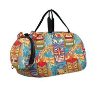 Sac de voyage classique à carreaux rouges noirs et blancs pour filles avec compartiment à chaussures, Masques Tiki colorés et vibrants, Classique