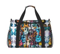 Sac de voyage de grande capacité avec impression de guitares acoustiques et colorées, sac de week-end élégant pour activités de plein air, noir, taille unique