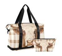 Sac de voyage en forme de vache d'Écosse avec trousse de toilette pour trekking, marron pastel, Vache écossaise Marron pastel, 1 size