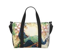 Sac de voyage en tissu Oxford léger avec motif de paon oriental sur arbre à fleurs pour femme, sac de sport idéal pour homme, Noir , Taille unique