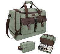 Sac de voyage en toile cirée et cuir véritable avec compartiment à chaussures - Sac de voyage vintage de week-end, grande capacité, imperméable, vert olive, Voyage