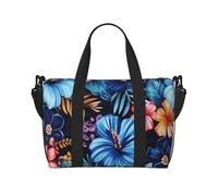 Sac de voyage imprimé floral bleu pour homme et femme, grand sac de sport résistant à l'eau, sac fourre-tout de week-end avec bandoulière, Noir , Taille unique, Sac de voyage