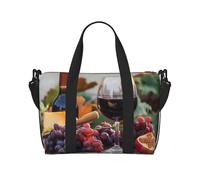 Sac de voyage léger et résistant à l'eau avec imprimé vagues de mer et coucher de soleil pour hommes, femmes et adolescents, Verre à vin rouge et raisins avec bois, Taille unique, Sac de voyage