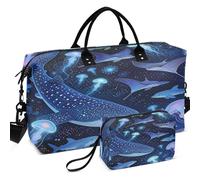 Sac de voyage matelassé avec plusieurs poches et imprimé sur toute la surface, Baleine Océan Prédateur Animal Mer Méduse, one size, Rétro