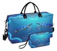 Sac de voyage matelassé avec plusieurs poches et imprimé sur toute la surface, Tortue de mer Hawaï Bleu océan Été _ Bleu, one size, Rétro