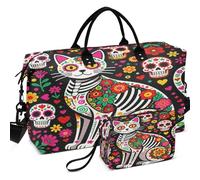 Sac de voyage matelassé avec séparateur en maille imprimée sur toute la surface - Organiseur de toilette - Motif tête de mort en sucre - Chat mignon