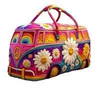 Sac de Voyage Matelassé Hippie Van, Sac Week-End Bohème Style Rétro, Sac de Sport et Nuit Motif Floral Vintage pour Femme avec Cabas (02#,Large (18"x9"x9"))
